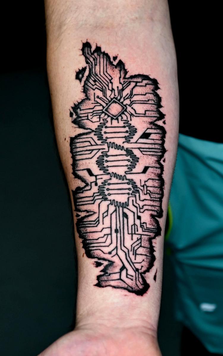 Chip Circuit Geek Tattoo On Arm