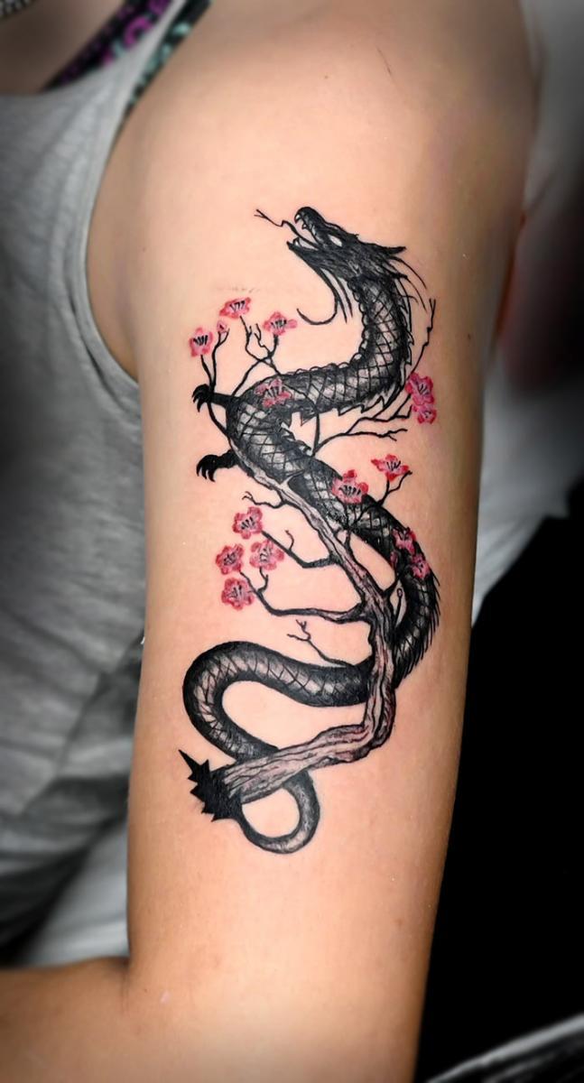 Japanese Sleeve Tattoo Dragon Flowers and Cherry Blossoms 04  Joe Haasch  Tattoo